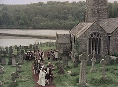 Scene from Poldark showing St Winnow's church