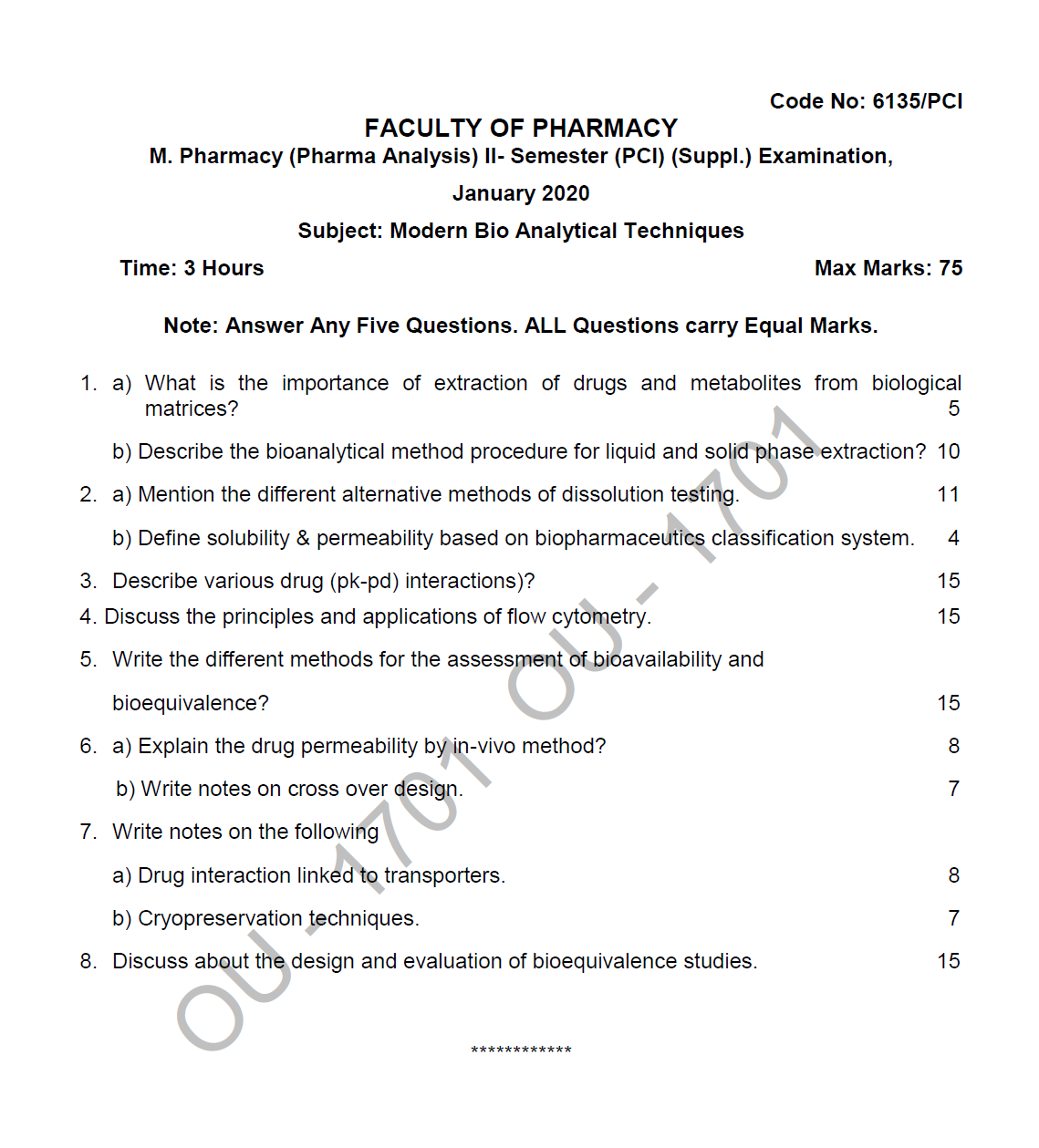Osmania University M. Pharmacy (Pharmaceutical Analysis) IISemester