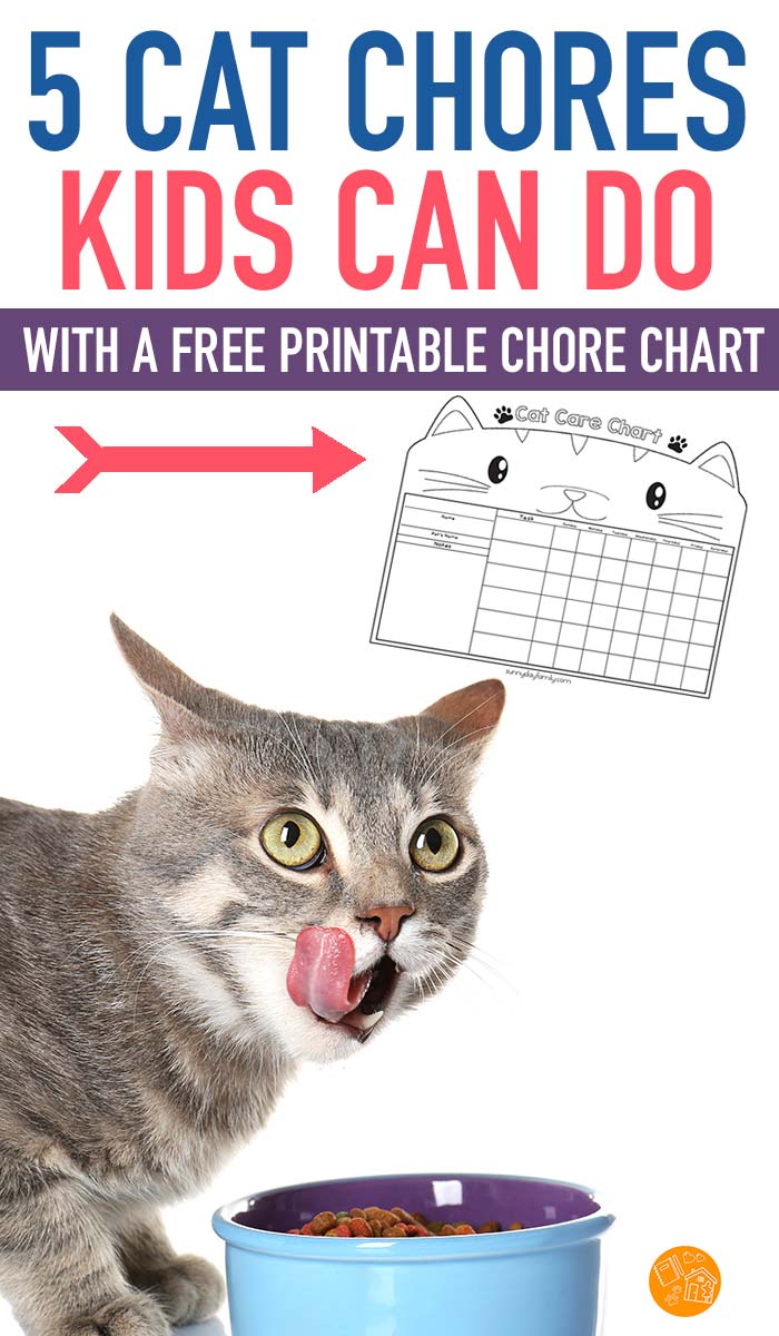 Cat chores your kids can do! Looking for chores for kids? Let them help take care of their cat with these easy chore ideas. Includes a free printable chore chart for cat chores too! #cats #chores #kids #pets