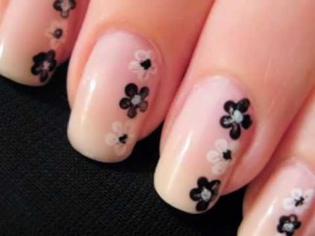 Beige Nail Art With Small Black & White Flowers