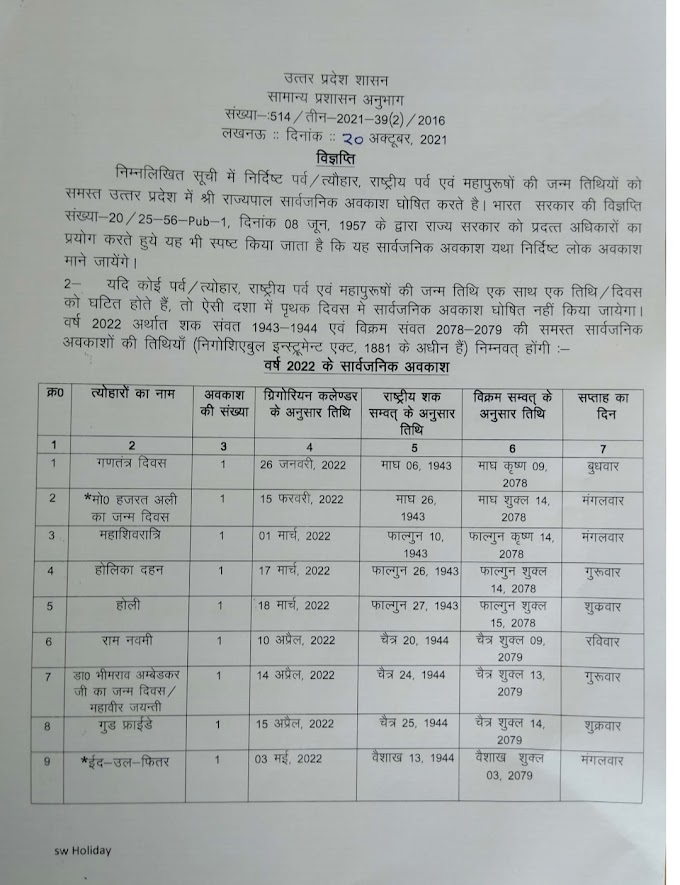 Uttar pradesh government holiday list Official Calendar Up 2022