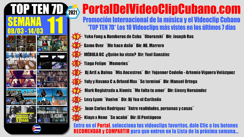 Artistas ganadores del * TOP TEN 7D * con los 10 Videoclips más vistos en la semana 11 (08/03 a 14/03 de 2021) en el Portal Del Vídeo Clip Cubano