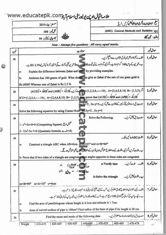 Aiou B.ED Code 6401 Old Papers Download in Jpg Format