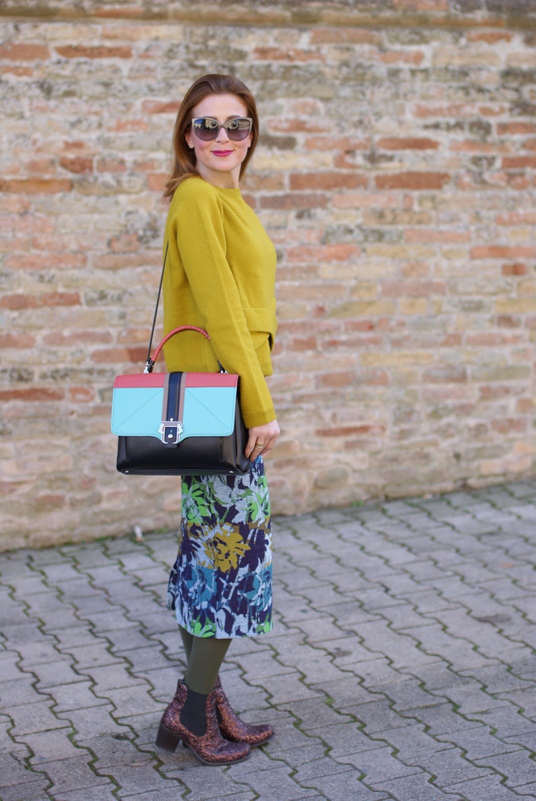 Lime yellow sweater and floral midi pencil skirt on Fashion and Cookies fashion blog, fashion blogger style