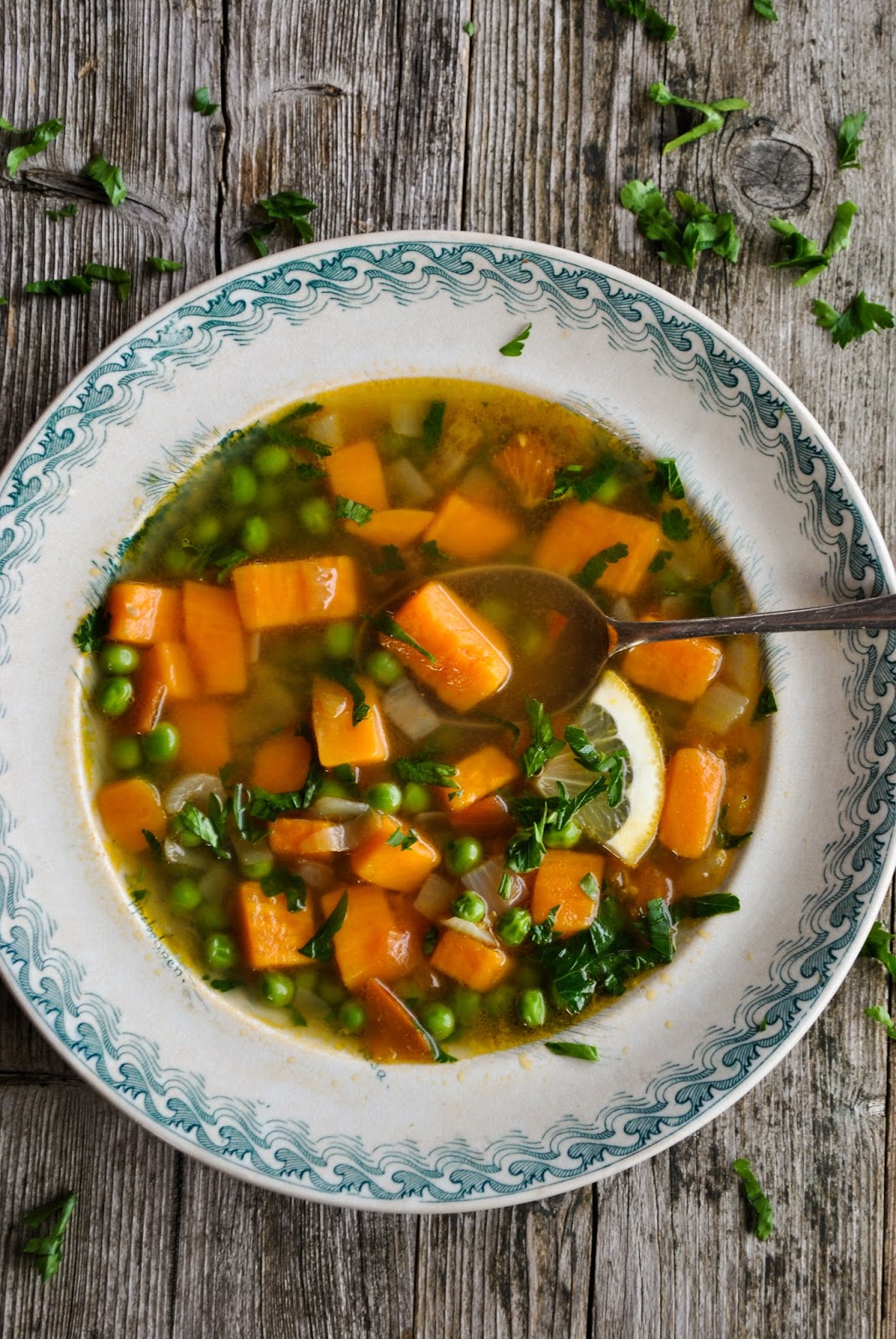 Sweet potato and green pea soup with lemon VeganSandra