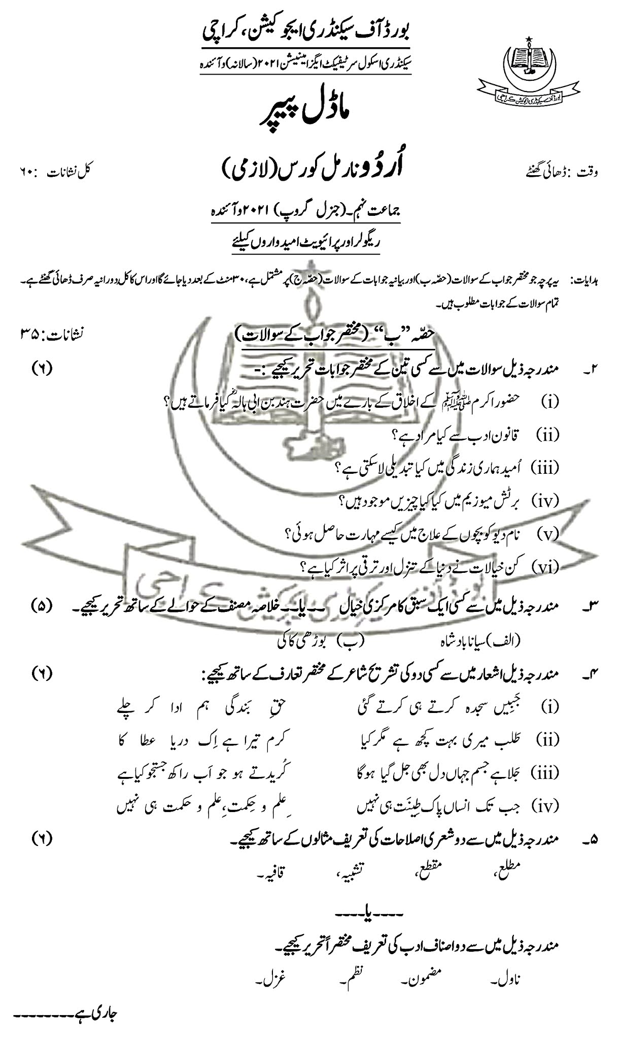 Education Is The Key To Success Urdu Model Paper For Class IX (Arts / General