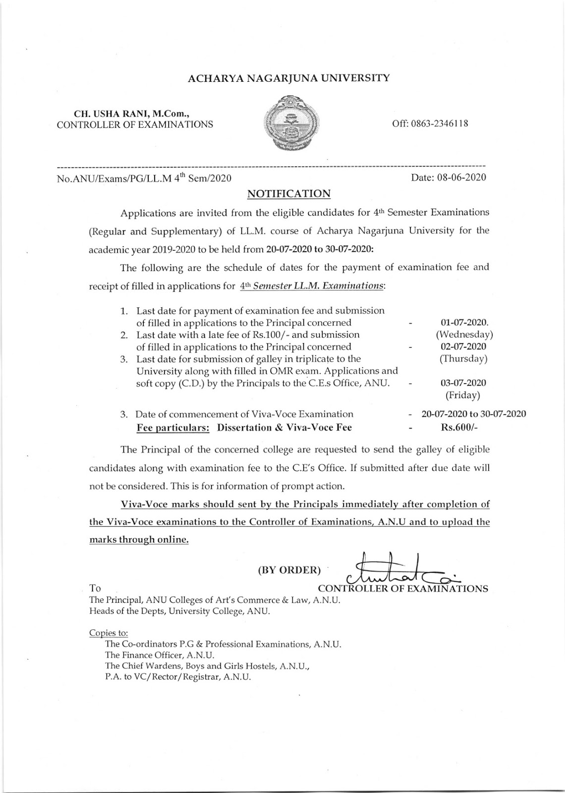 acharya nagarjuna university llm 4th sem july 2020 exam fee notification