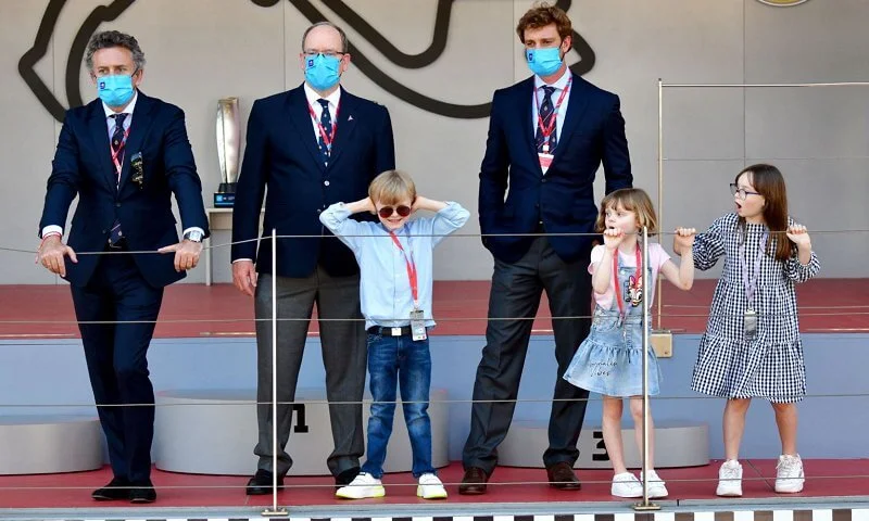 Princess Gabriella wore a blue denim daisy duck dress from Monnalisa. Prince Jacques, Pierre Casiraghi and Kaia Rose Wittstock