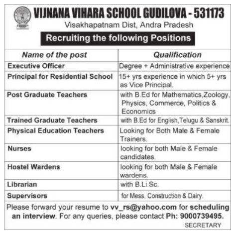 Vijnana Vihara School Gudilova, Andhra Pradesh Wanted Teaching and Non ...