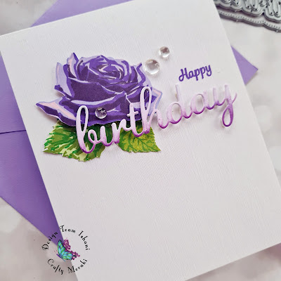 CAS Birthday card, Crafty Meraki Rose garden layering stamp, floral card, purple rose card, Rose Birthday card, Quillish