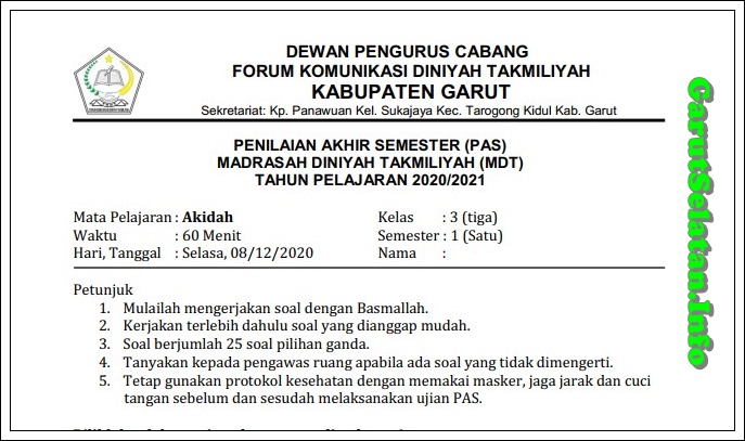 Soal PAS Madrasah Diniyah Takmiliyah AKIDAH Kelas 16