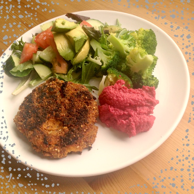 Sweet Potato & Quinoa Cakes with Beetroot Hummus.
