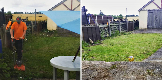 My fella mowing the grass and the weeded garden