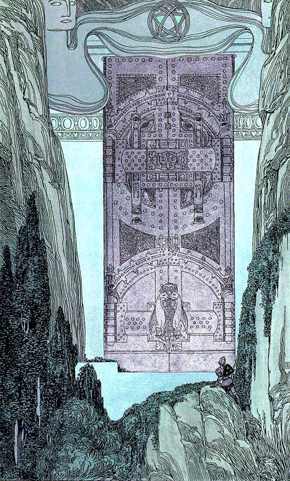 Heinrich Lefler illustration a Heinrich Lefler illustration of an adventurer looking at enormous doors