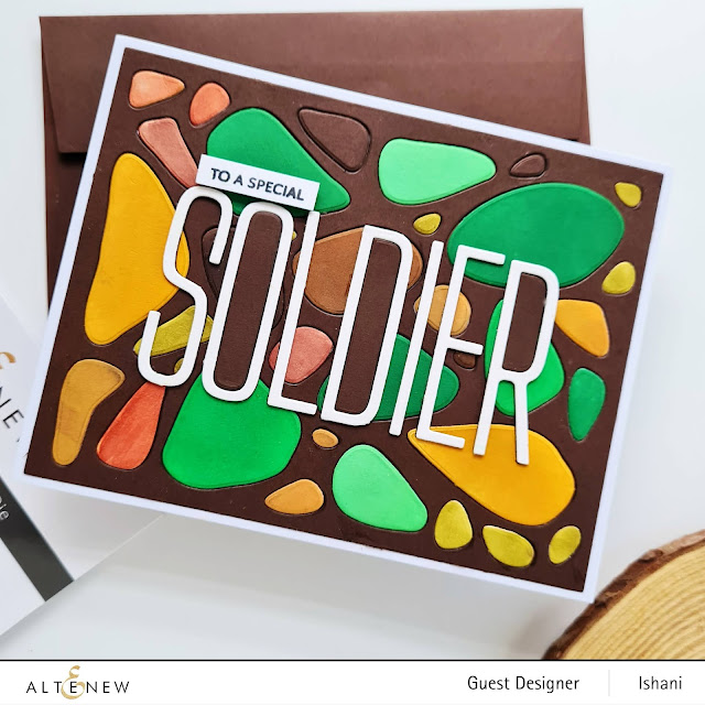 Card for a soldier, Altenew calming reflections die, Camouflage pattern card, Card for Army man, Card for marine, Altenew coverplate die card, Quillish , Ishani