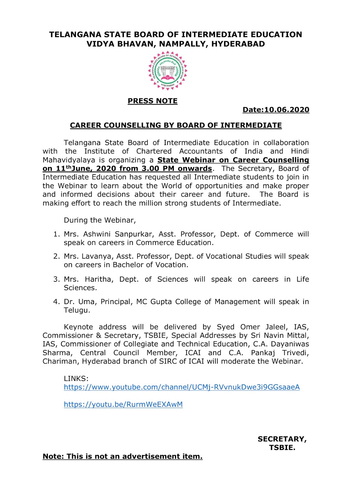 telangana board inter education inter 2020 career counselling notification