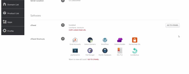 cpanel shortcurs on dashboard of namecheap