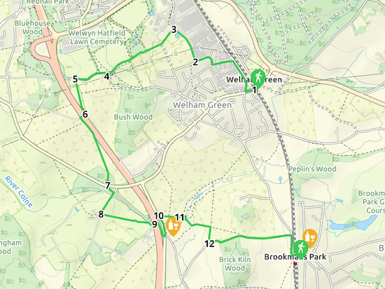 Map for Walk 70: Brookmans Park Linear NW Created on Map Hub by Hertfordshire Walker Elements © Thunderforest © OpenStreetMap contributors See the interactive map below the directions for KML and GPX details