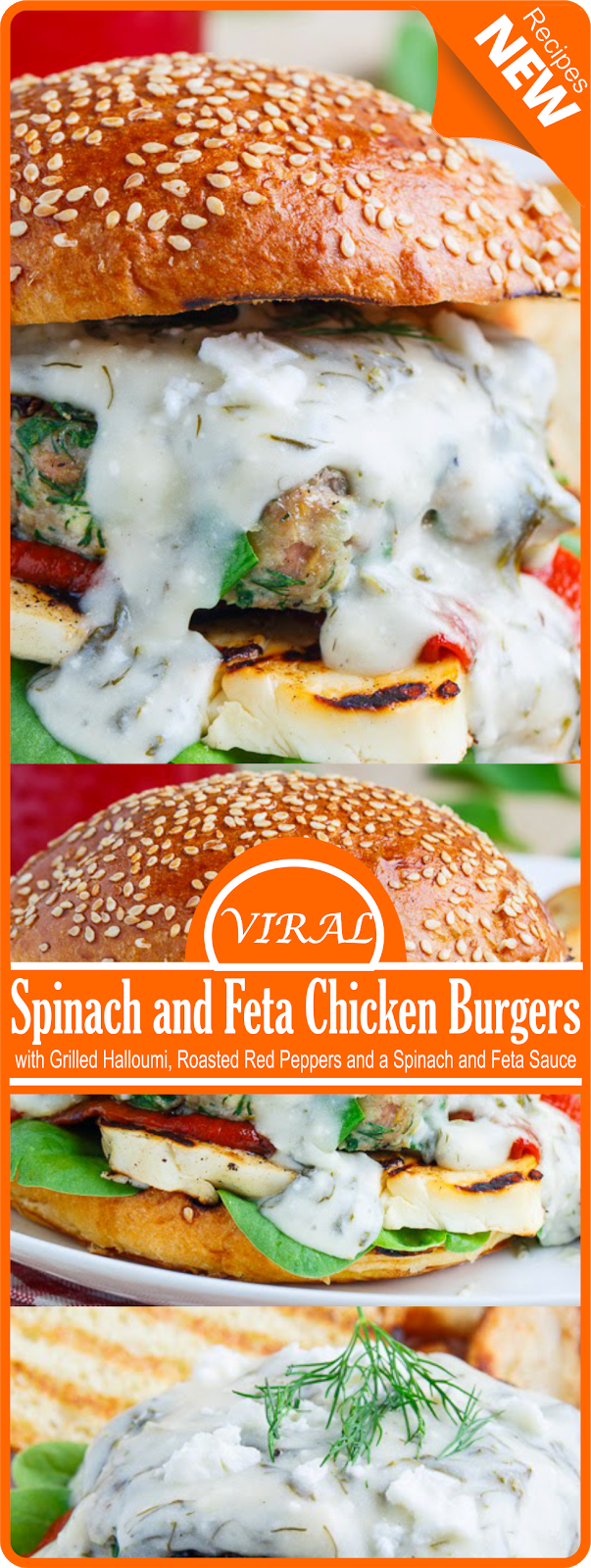 Spinach and Feta Chicken Burgers with Grilled Halloumi, Roasted Red