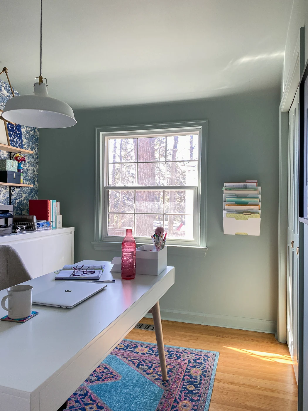 colorful home office, feminine home office, green home office