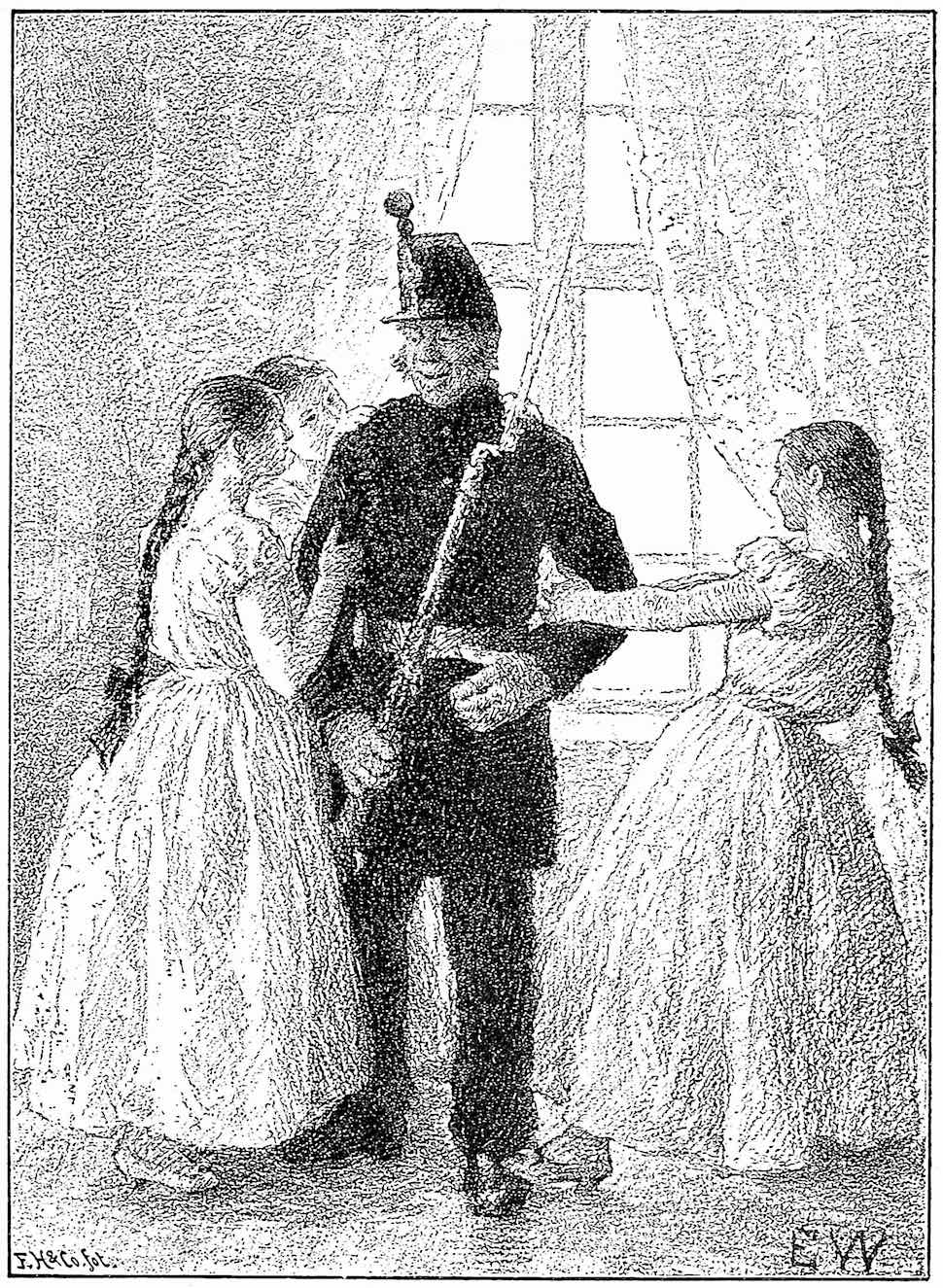 Peter Christen Asbjørnsen 1909 a Peter Christen Asbjørnsen 1909 illustration of women romantically tugging at an unlikely old soldier
