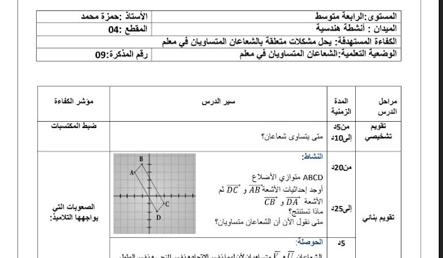 تحضير درس الشعاعان المتساويان في معلم للسنة الرابعة متوسط