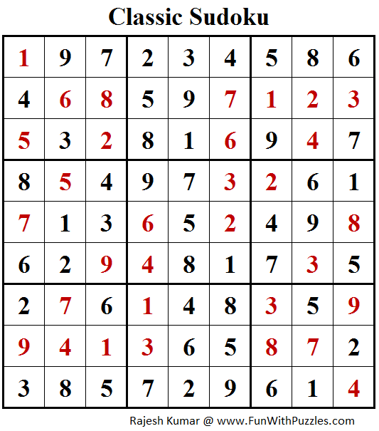 Classic Sudoku Puzzle (Fun With Sudoku #205) Solution