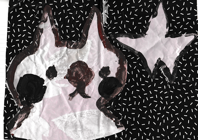 A collage of white sprinkle shapes on black with a painting of a cat pasted on top, with a star.