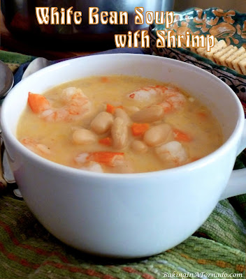 White Bean Soup with Shrimp is a warm hearty cold weather dinner. This soup comes together in one large pot in less than an hour. | Recipe developed by www.BakingInATornado.com | #recipe #dinner