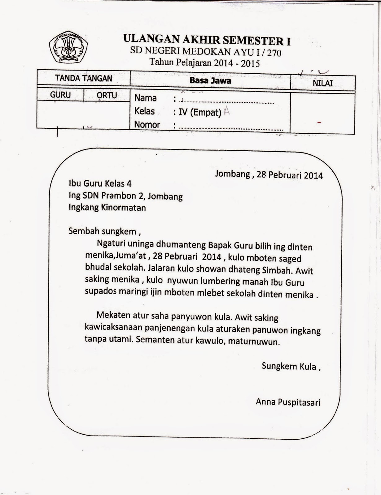 UAS Semester Ganjil Bahasa Jawa Kelas 4 SD TA 2014 2015