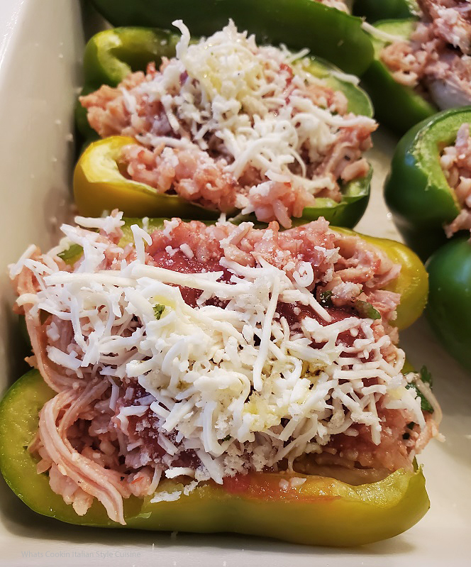 these are raw bell peppers stuffed with chicken parmigiana
