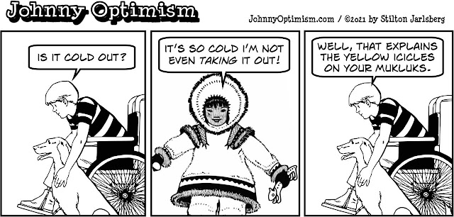 johnny optimism, medical, humor, sick, jokes, boy, wheelchair, doctors, hospital, stilton jarlsberg, winter, cold, eskimo