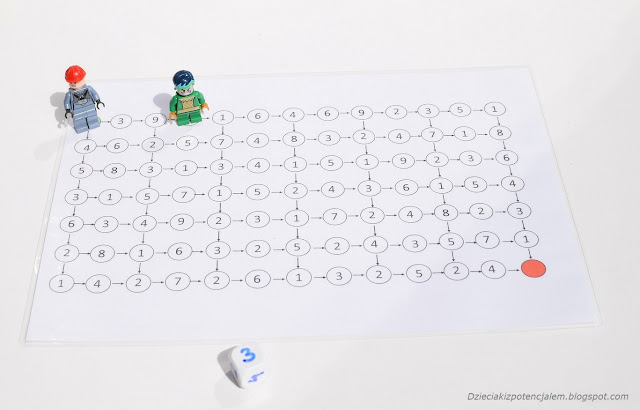zdjęcie przedstawia plansze wydrukowaną na kartce a4, na całej kartce widzimy pola z liczbami mniejszymi niż dziesięć, na polu startowym stoją dwa ludziki lego jako pionki