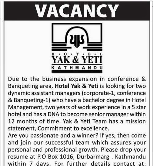 Vacancy from Hotel Yak and Yeti