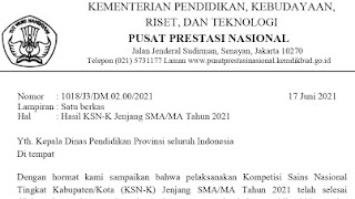Pengumuman Hasil Kompetisi Sains Nasional Tingkat Kabupaten/Kota (KSN-K) Jenjang SMA/MA Tahun 2021 Pengumuman Hasil Kompetisi Sains Nasional Tingkat Kabupaten/Kota (KSN-K) Jenjang SMA/MA Tahun 2021
