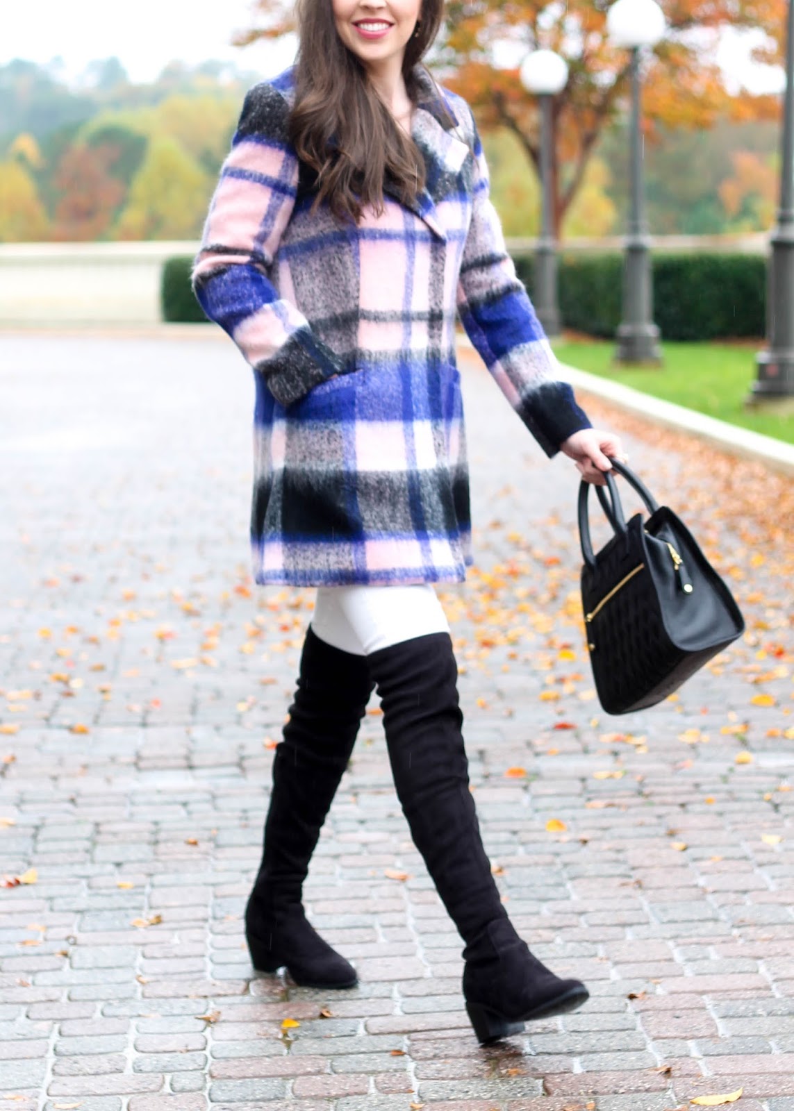 Plaid Coat by Elle at Kohls, fall trends, winter plaid coat with white denim, white denim in the fall, over the knee boots, OTK boots, forever 21 over the knee boots, forever21 OTK faux suede boots, pretty in the pines blog, shelby vanhoy