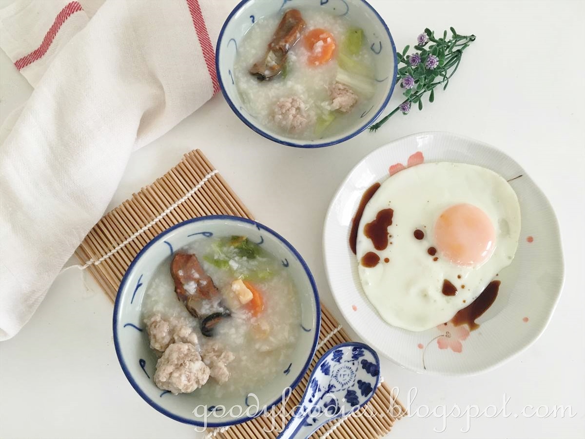 GoodyFoodies Recipe Congee with dried scallops and pork meatballs