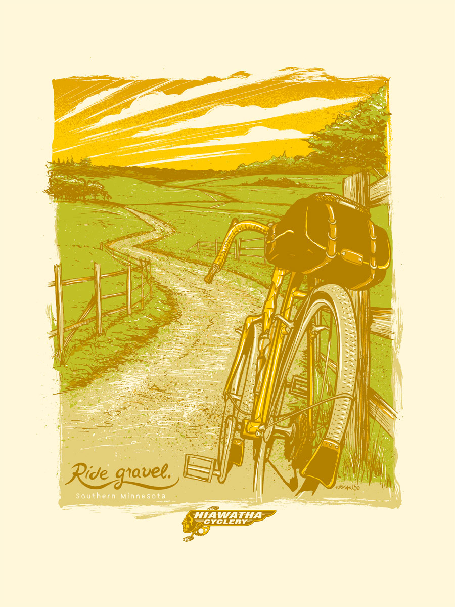 An animated graphic illustration image for Hiawatha Cyclery - showing a bike facing down a country road and green fields