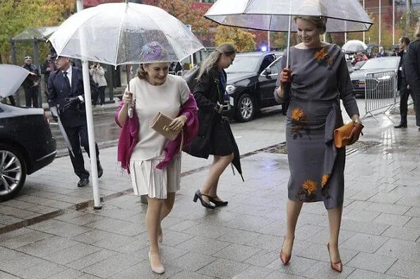 Queen Mathilde wore a grey Natan dress, Hereditary Grand Duchess Stephanie, Princess Stephanie, wore a white print dress by Armani