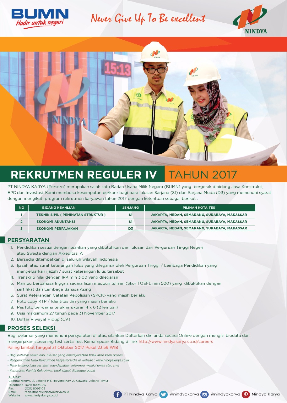 Lowongan Kerja Terbaru Pt Nindya Karya Persero Besar Besaran Rekrutmen Lowongan Kerja Bulan Maret 2021