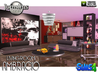 Ambracio Living room Ambracio Гостиная для The Sims 4 Гостиная для серии Амбрасио. Всегда стильно, комфортно и современно. в этом наборе. диван современный 4 цвета и металл. Журнальный столик 4 цвета и металл. funriture 4 цвета и металл и белый свет. настенные росписи очень большие, очень современные и очень обработанные. подушки для дивана 4 варианта цвета. виски деко большие бутылки в 3 вариациях. 1 металлическая тележка для напитков. очень обработанная металлическая текстура и декорирование. Я добавляю слоты для размещения деко типа 2. металлическая чаша, наполненная апельсинами. Деко Современная серия Ambracio. Автор: jomsims