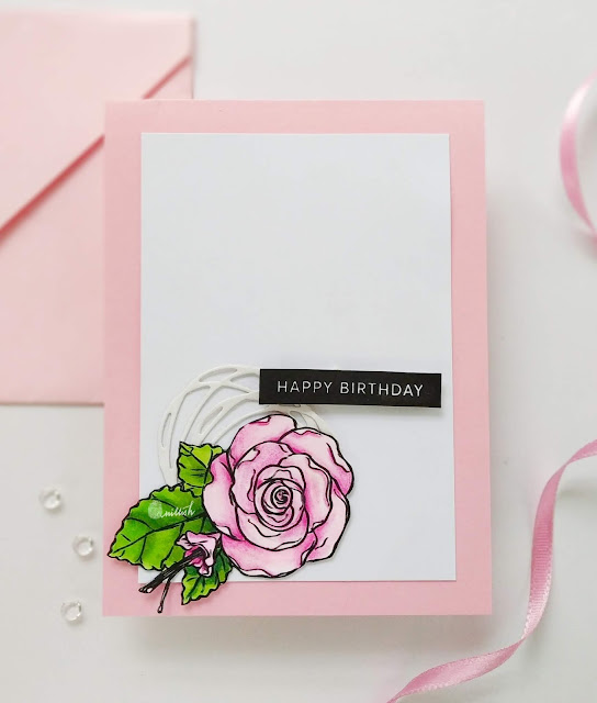 Stamplorations, CAS card, Copic markers, Quillish, Digital stamp, STAMPlorations heartfelt rose digital stamp, cardmaking, clean and simple card