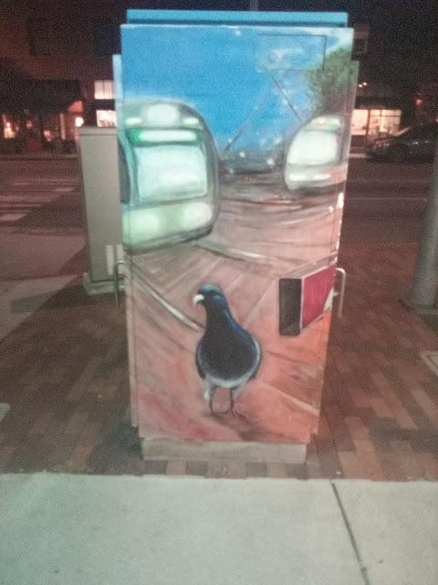 A tentative pigeon on a Metro station utility box in South Pasadena, CA.