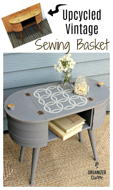 An Upcycled Mid Century Firkin Style Sewing Basket #upcycle #stencil #midcentury #firkin #dixiebelle #weddingringpattern #thriftshopmakeover