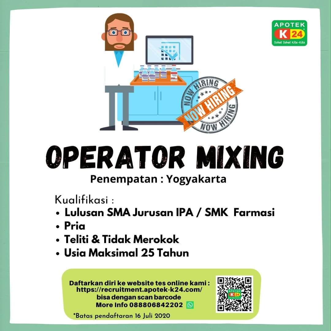 Lowongan Kerja Operator Mixing Apotek K24 Yogyakarta Lowongan Kerja Operator Mixing Apotek K24 Yogyakarta