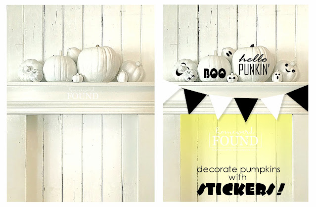 fall,pumpkins,neutrals,farmhouse style,just for fun,Halloween,DIY,diy decorating,crafting,crafting with kids,dollar store crafts,seasonal,fall home decor,pumpkin decorating,decorating pumpkins,easy no-carve pumpkin decorating,pumpkin decorating for kids, stickers, dollar store stickers.