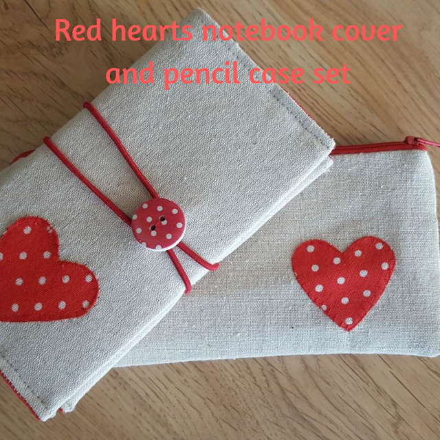 Red hearts notebook cover and pencil case set
