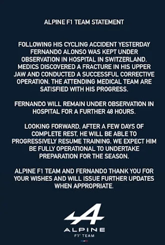 Comunicado oficial Alpine F1 estado Salud Alonso. Comunicado oficial Alpine F1 estado Salud Alonso.