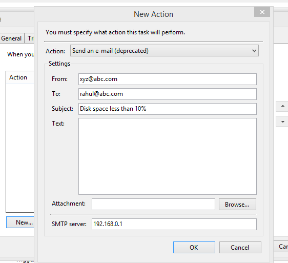 SharePoint Low disk space alert email using Task Scheduler.