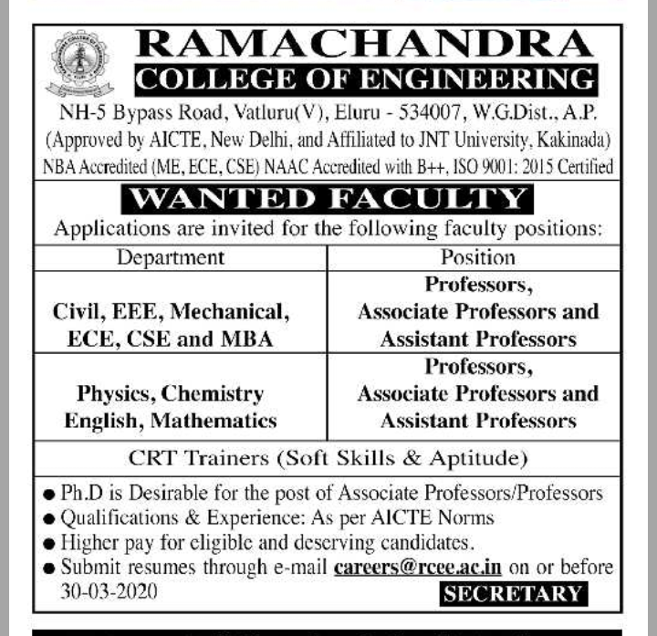 Ramachandra College of Engineering, Andhra Pradesh, Wanted Teaching